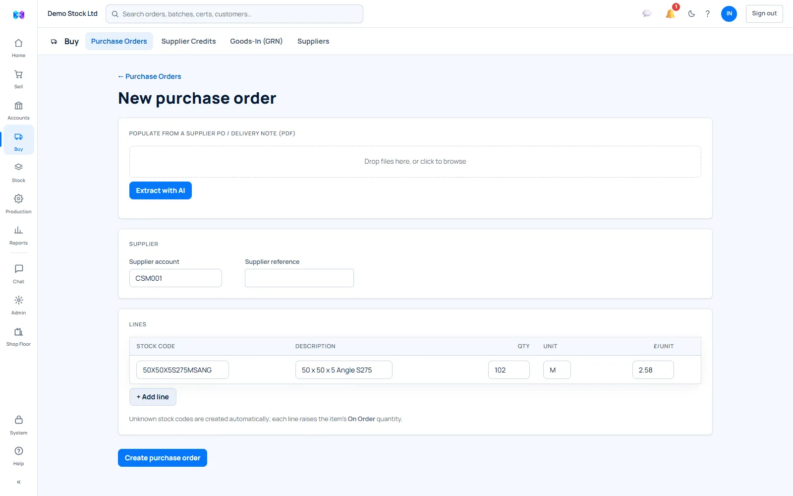 Raising a new purchase order in MetlSys