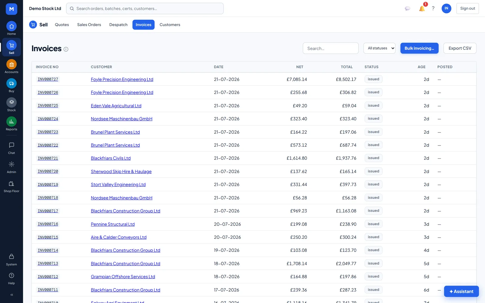 The MetlSys invoice list with statuses and posting runs