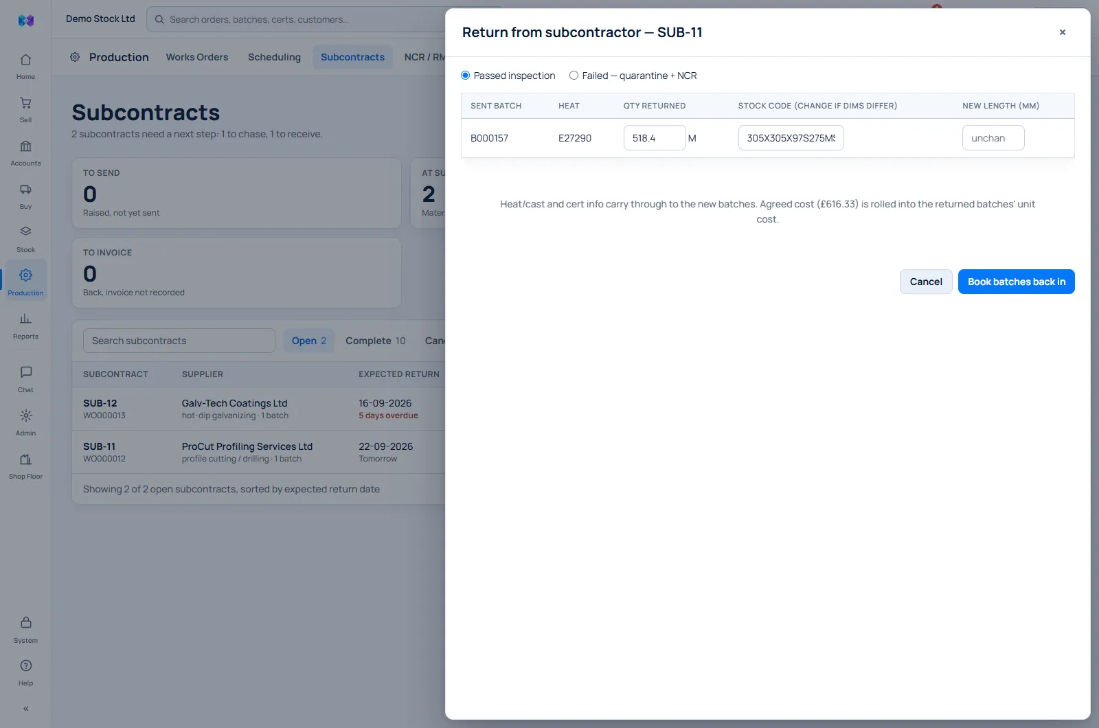 Booking a subcontract return in MetlSys: child batches with the agreed cost rolled into their unit cost