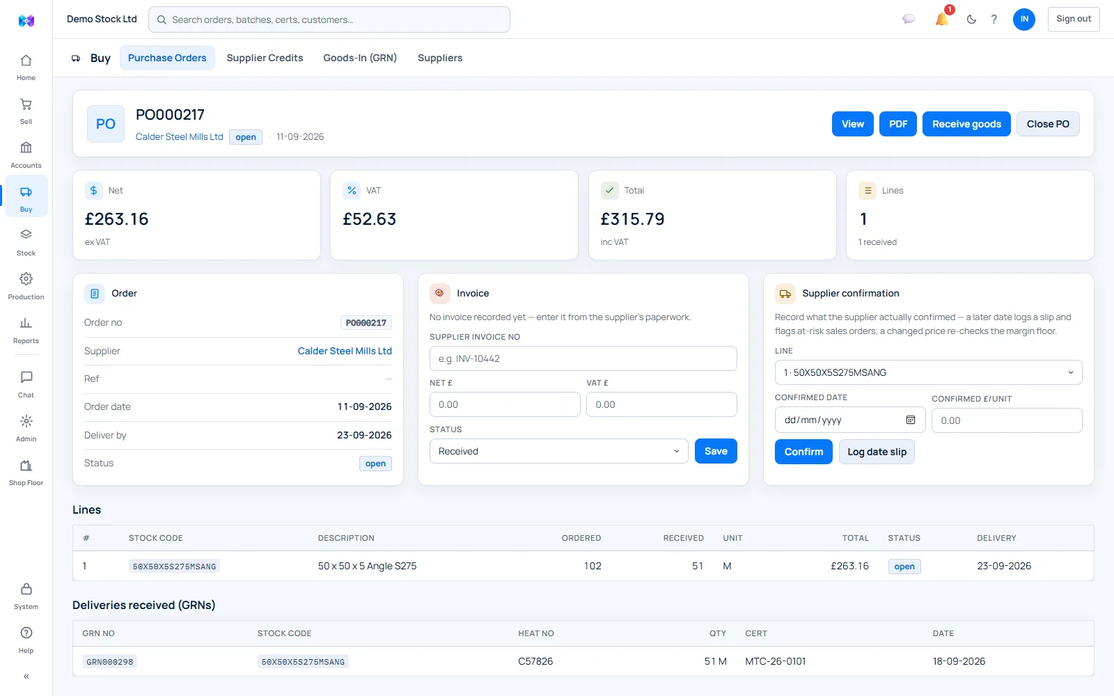 A MetlSys purchase order: on-order lines, supplier confirmation and invoice matching