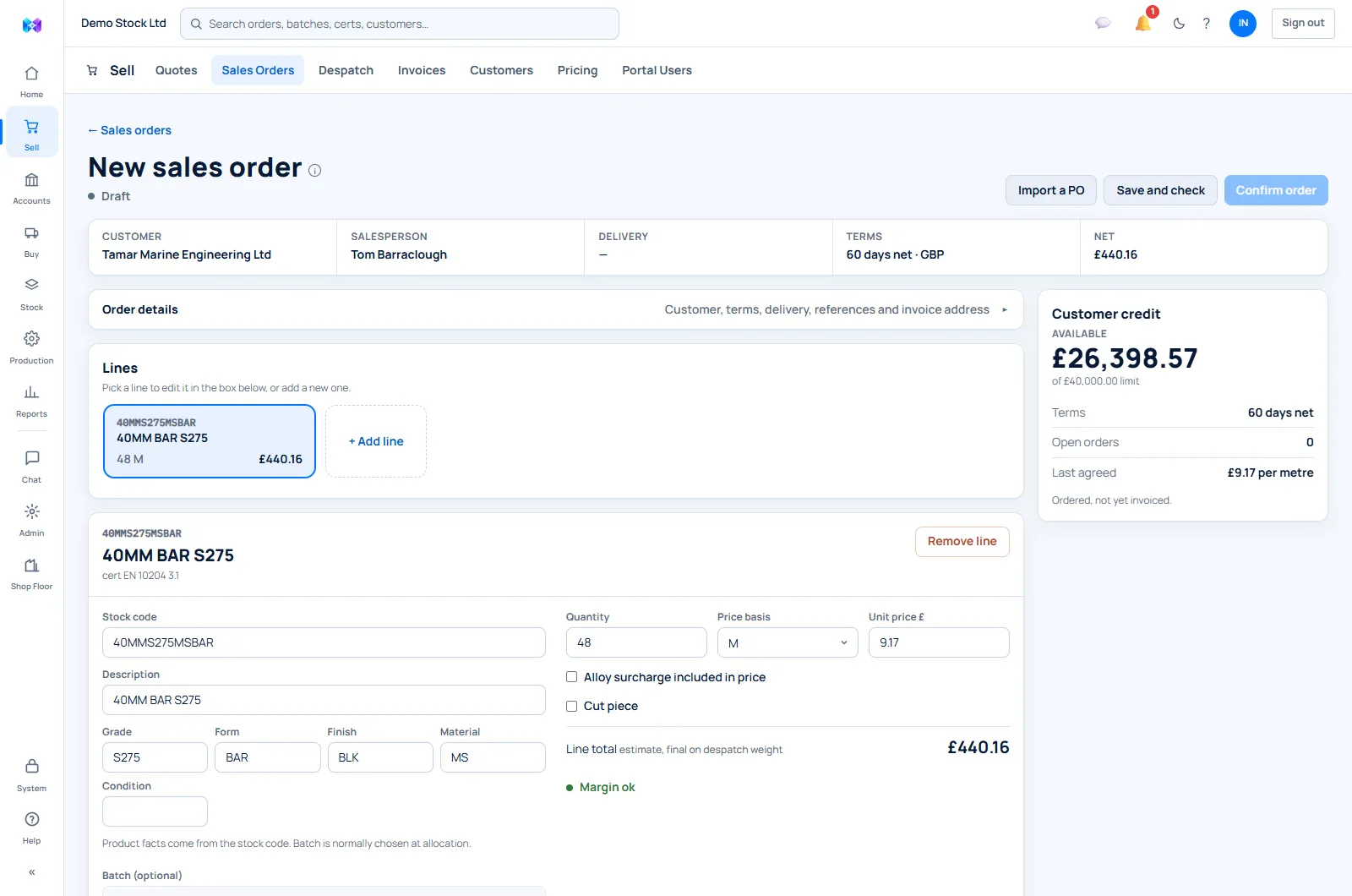 The MetlSys sales order screen