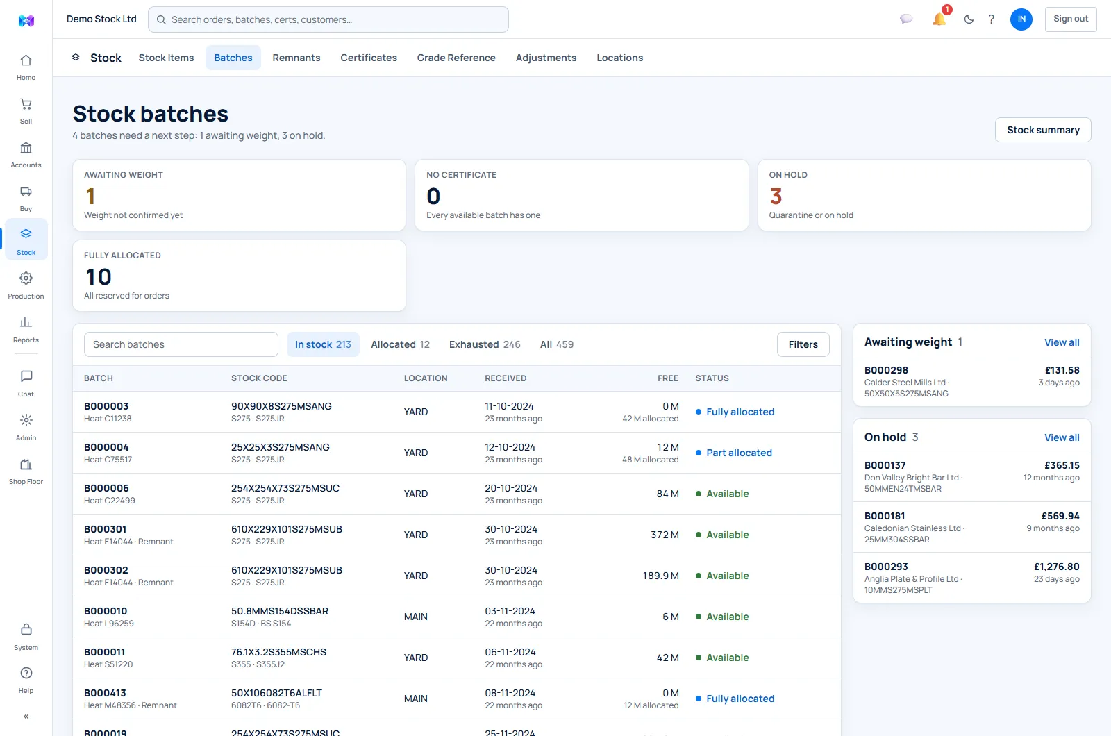 The MetlSys stock screen: batches, remnants, certificates and locations