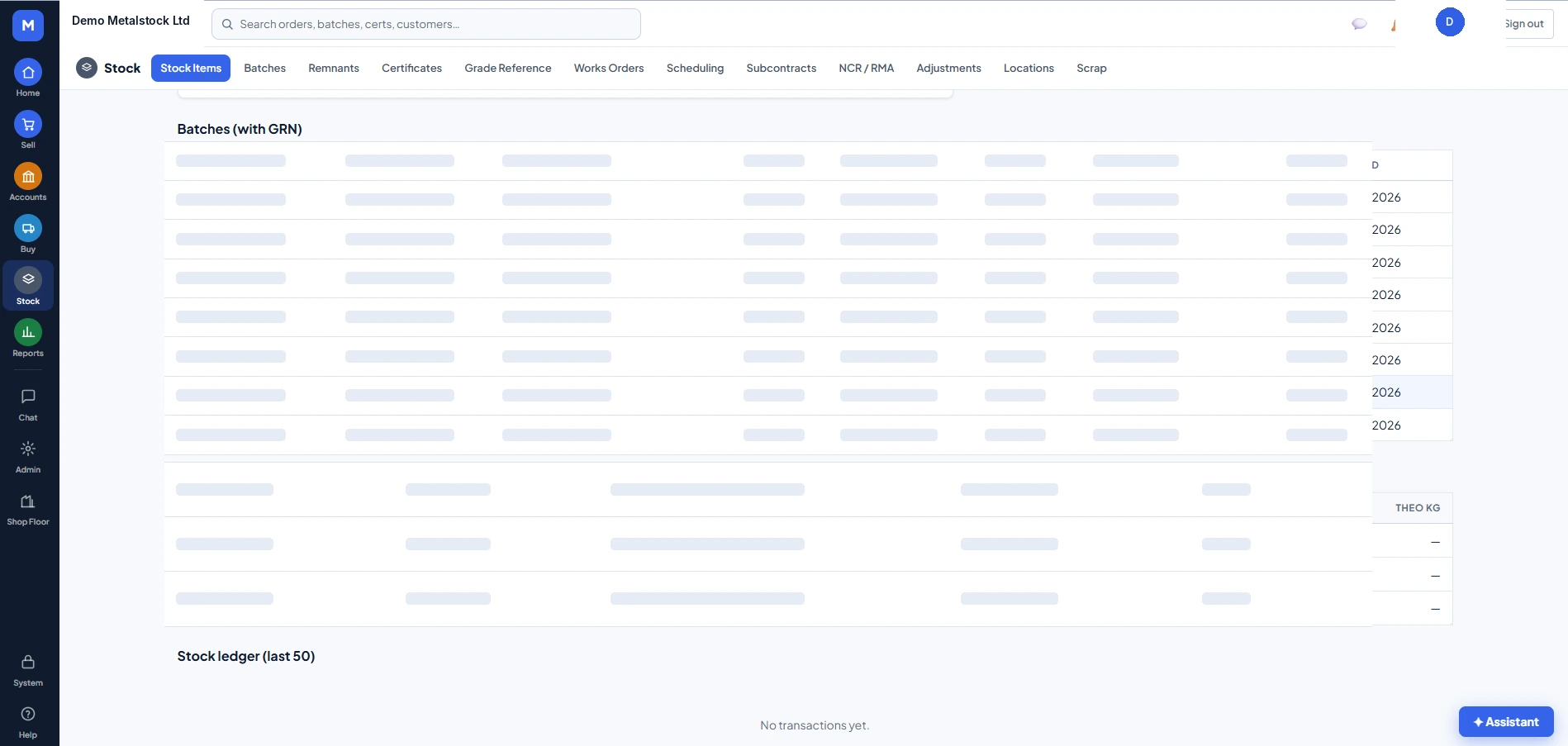 The MetlSys stock screen: batches, remnants, certificates and locations